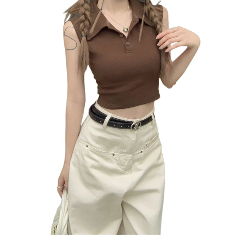 y2k Tank Top Women Summer Clothes Solid Color Turn Down Collar Buttons Sleeveless Tshirt Vest 2000s Clothing Streetwear