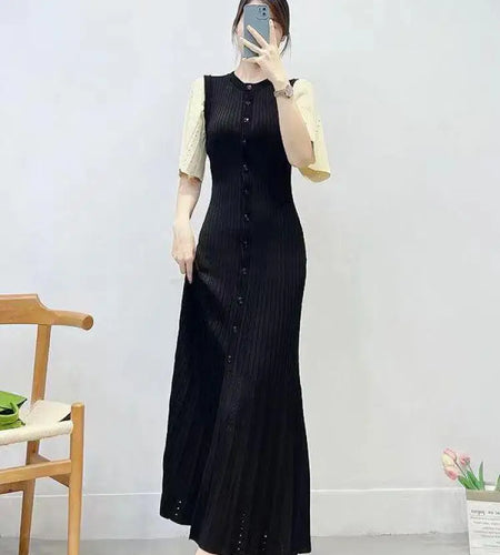 French Fashion Women Black Patchwork Single Breasted Elegant Knit Dress Autumn Beige Green Long Sleeve Slim Split Dresses Ladies