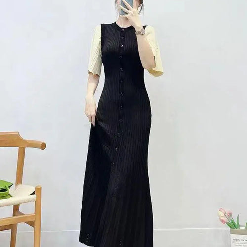 Load image into Gallery viewer, French Fashion Women Black Patchwork Single Breasted Elegant Knit Dress Autumn Beige Green Long Sleeve Slim Split Dresses Ladies
