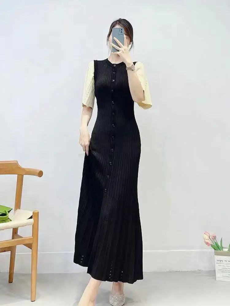 French Fashion Women Black Patchwork Single Breasted Elegant Knit Dress Autumn Beige Green Long Sleeve Slim Split Dresses Ladies