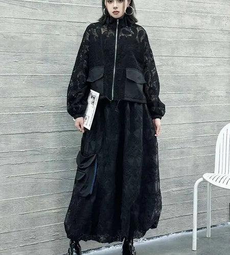 Black Lace Jacket Pocket Skirt Two Pieces Suit New Stand Collar Long Sleeve Women Fashion Tide Spring Autumn 2025 1DJ0248
