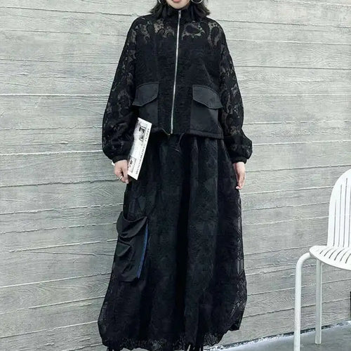 Load image into Gallery viewer, Black Lace Jacket Pocket Skirt Two Pieces Suit New Stand Collar Long Sleeve Women Fashion Tide Spring Autumn 2025 1DJ0248
