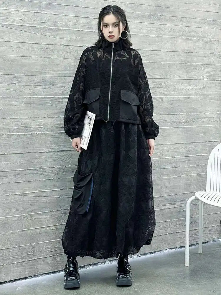 Black Lace Jacket Pocket Skirt Two Pieces Suit New Stand Collar Long Sleeve Women Fashion Tide Spring Autumn 2025 1DJ0248
