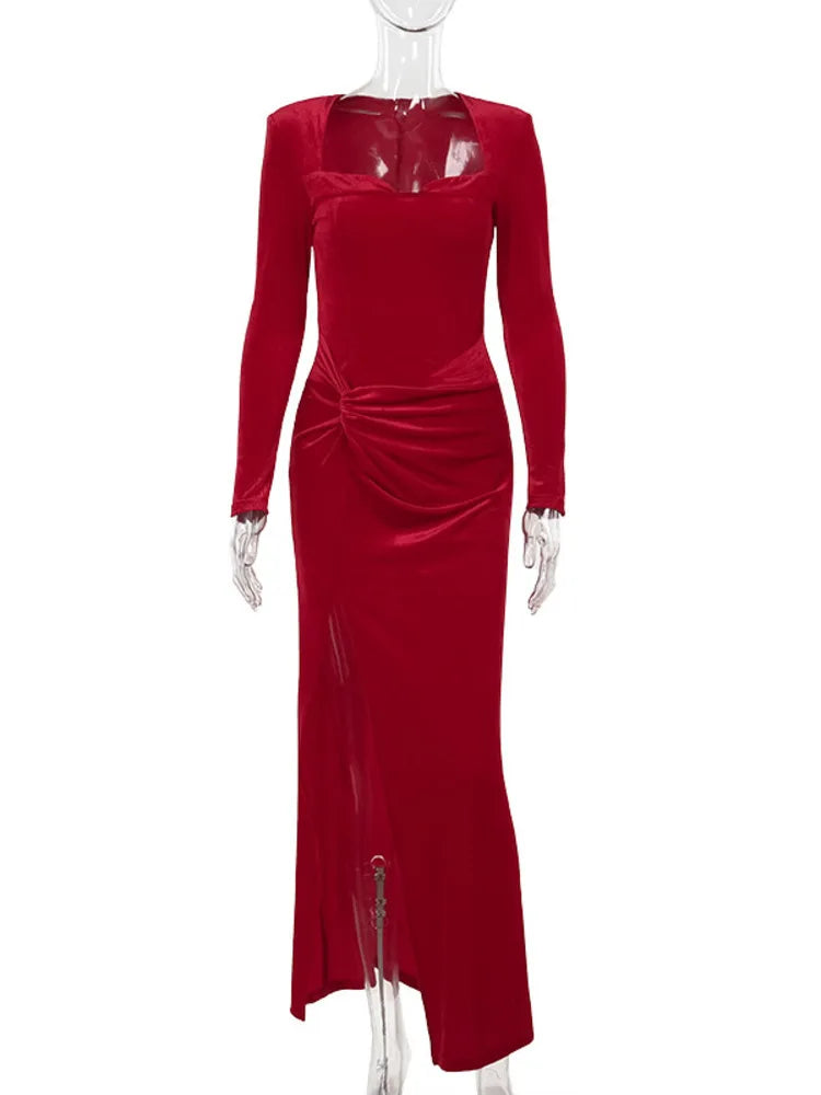 Velvet Long Sleeve Sexy Maxi Dress For Women Autumn Winter New Square Collar Thigh High Split Evening Club Party Dress