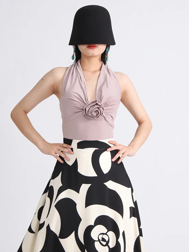 Solid Elegant Vests For Women Halter Sleeveless Backless Patchwork Floral Slimming Tank Tops Female Fashion Clothes