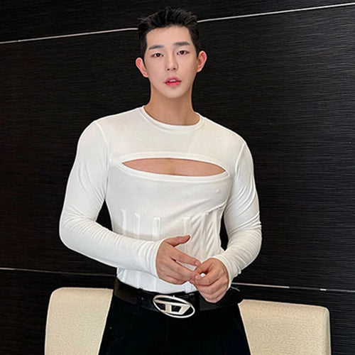 Load image into Gallery viewer, Male T-shirt Personality Close-fitting Hollow Out Girdling Round Collar Solid Color Men&#39;s Long Sleeve Tops Chic 9C4789
