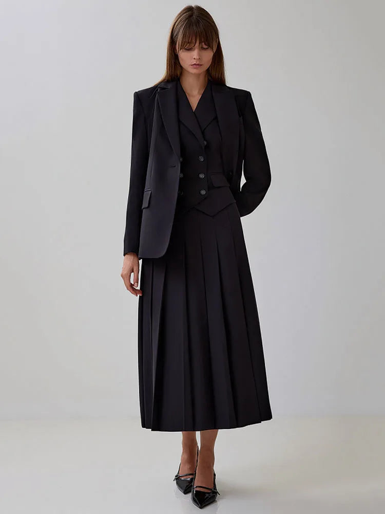 Fashion Slim Button Vest Long Skirt Women Two-piece Set Tight Vest Pleated Skirt Set Elegant Streetwear 2024 Autumn Set