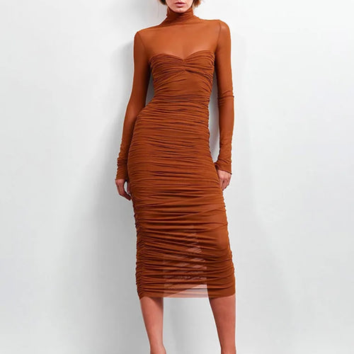 Load image into Gallery viewer, Elegant Mesh Patchwork Elastic Dress Women 2025 New Winter Solid Color High Neck Long Sleeve Sexy Perspective Vestido
