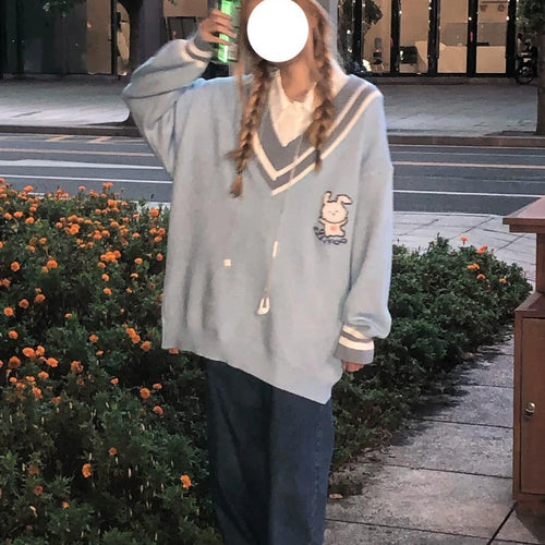 Load image into Gallery viewer, V-neck Loose Sweater Women Y2k Aesthetics Pullover Harajuku Rabbit Kawaii Blue Jumpers Grunge Korean Fashion Cute Tops
