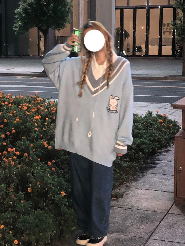 V-neck Loose Sweater Women Y2k Aesthetics Pullover Harajuku Rabbit Kawaii Blue Jumpers Grunge Korean Fashion Cute Tops
