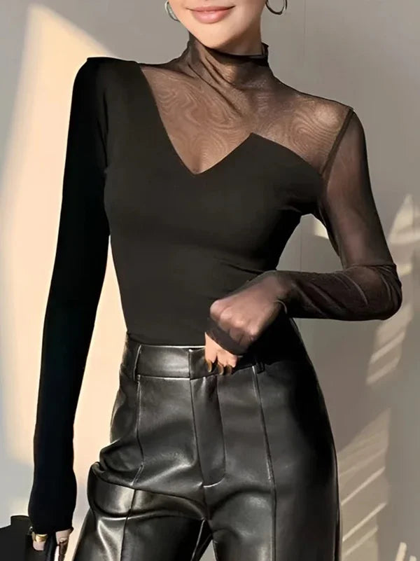 Summer Mesh Sexy T-Shirts Tops for Women Blue Black Long Sleeve Woman Asymmetric Skinny Green Tops Blouse