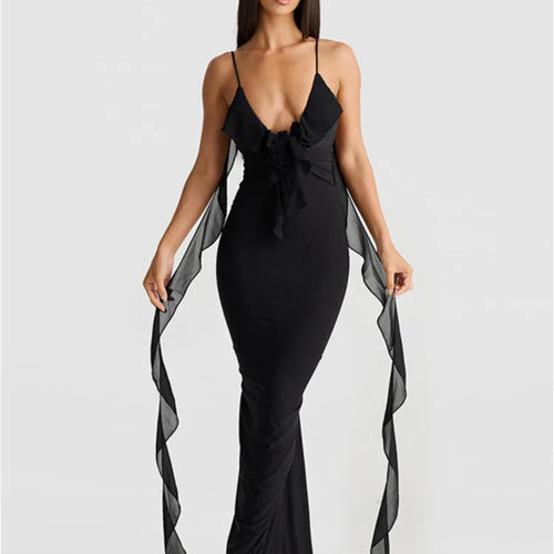 Load image into Gallery viewer, Sexy Spaghetti Strap Naked Back 3D Flower Women Dress Elegant V-neck Long Skirt Bodycon Strap Party Club Evening Dress
