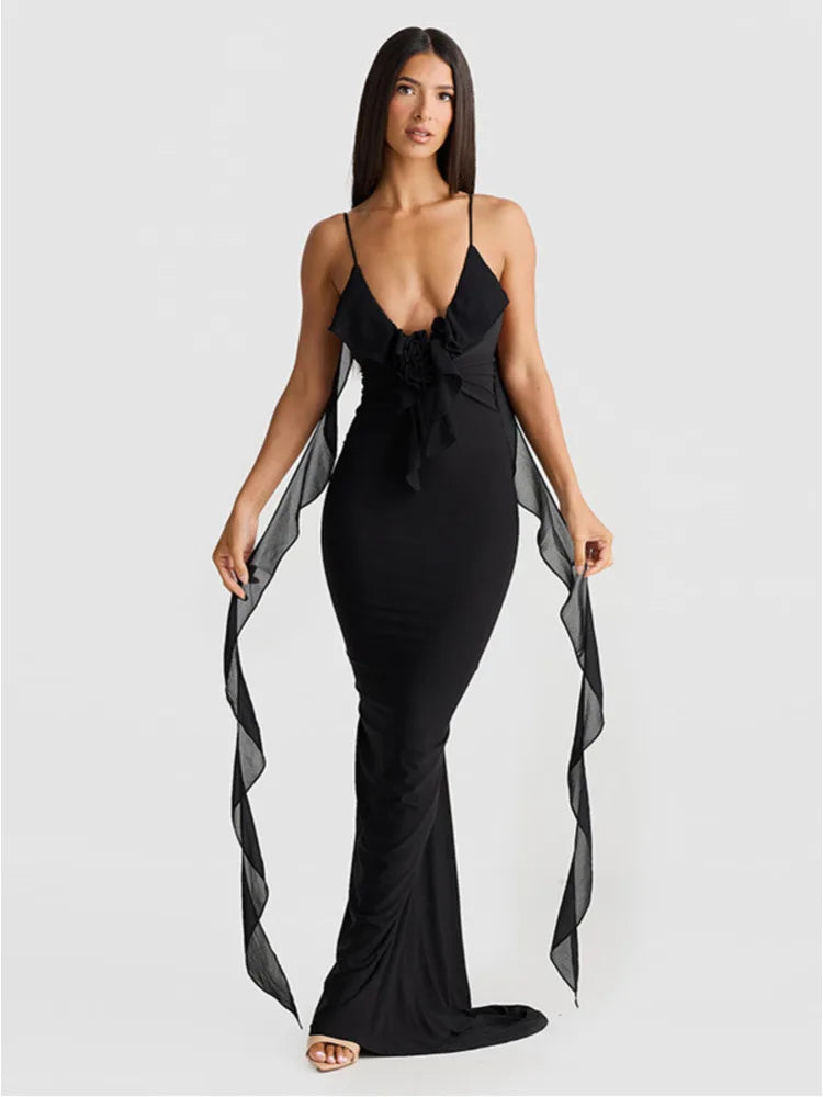 Sexy Spaghetti Strap Naked Back 3D Flower Women Dress Elegant V-neck Long Skirt Bodycon Strap Party Club Evening Dress