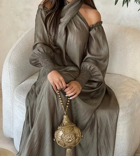 American Retro Halter-neck Loose Dress Cold Shoulder Puff Sleeves H-line Maxi Dress 2025 New Elegant Evening Dresses