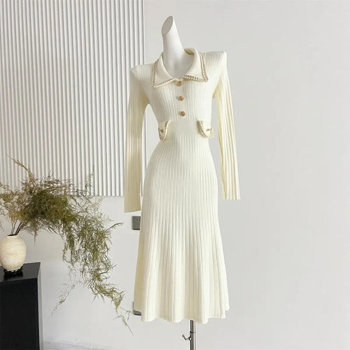 Load image into Gallery viewer, Korean Fashion Women's Autumn Winter Solid Single Breasted Elegant Slim Knitted Sweater Dress New Long Sleeved Temperament Dress
