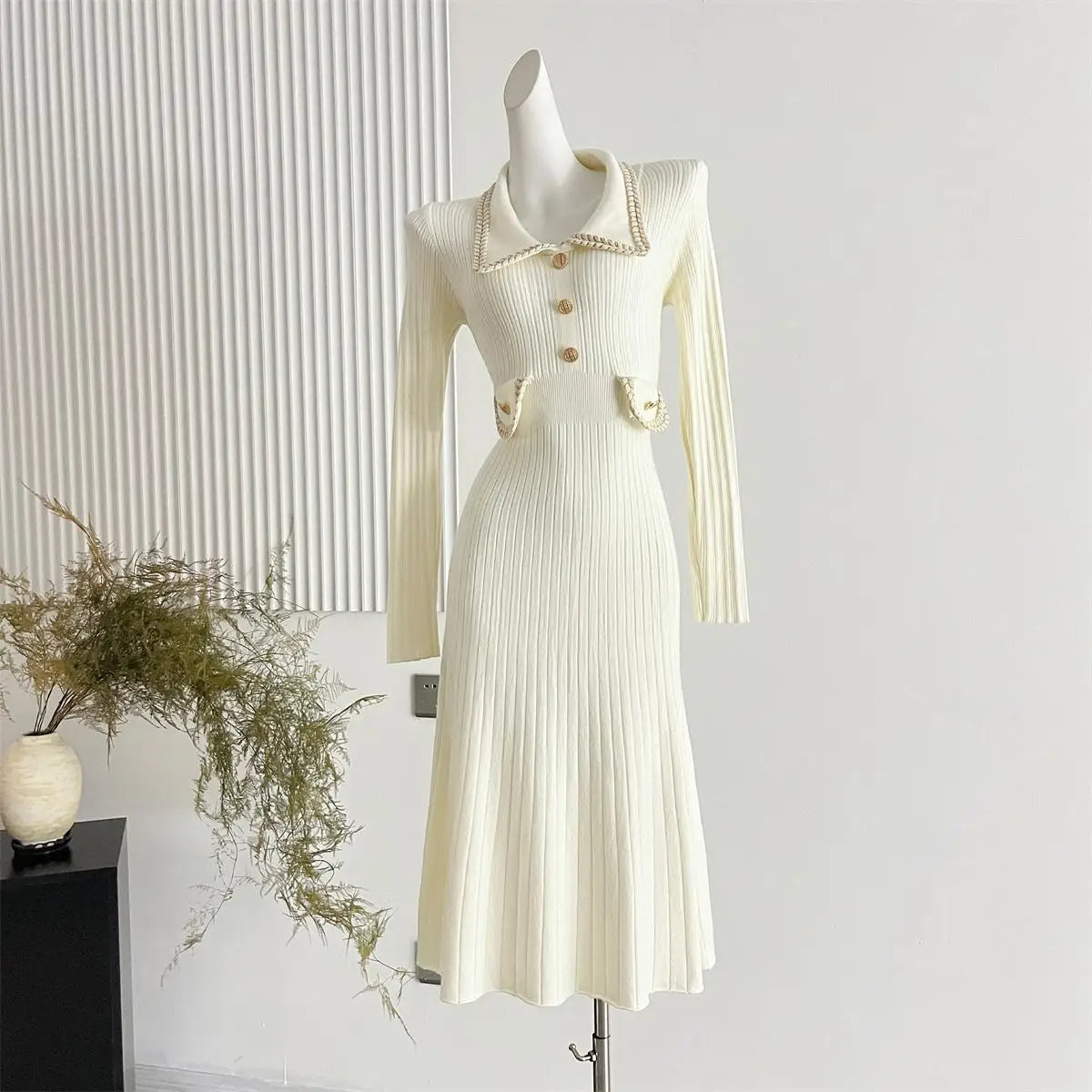 Korean Fashion Women's Autumn Winter Solid Single Breasted Elegant Slim Knitted Sweater Dress New Long Sleeved Temperament Dress