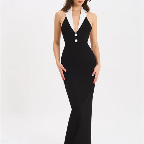 Load image into Gallery viewer, Halter Backless Sexy Maxi Dress For Women Gown Contrast Color Notched Collar Sleeveless Bodycon Club Party Tank Dress
