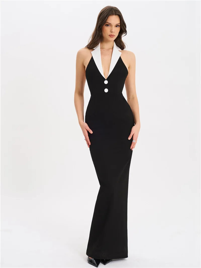 Halter Backless Sexy Maxi Dress For Women Gown Contrast Color Notched Collar Sleeveless Bodycon Club Party Tank Dress