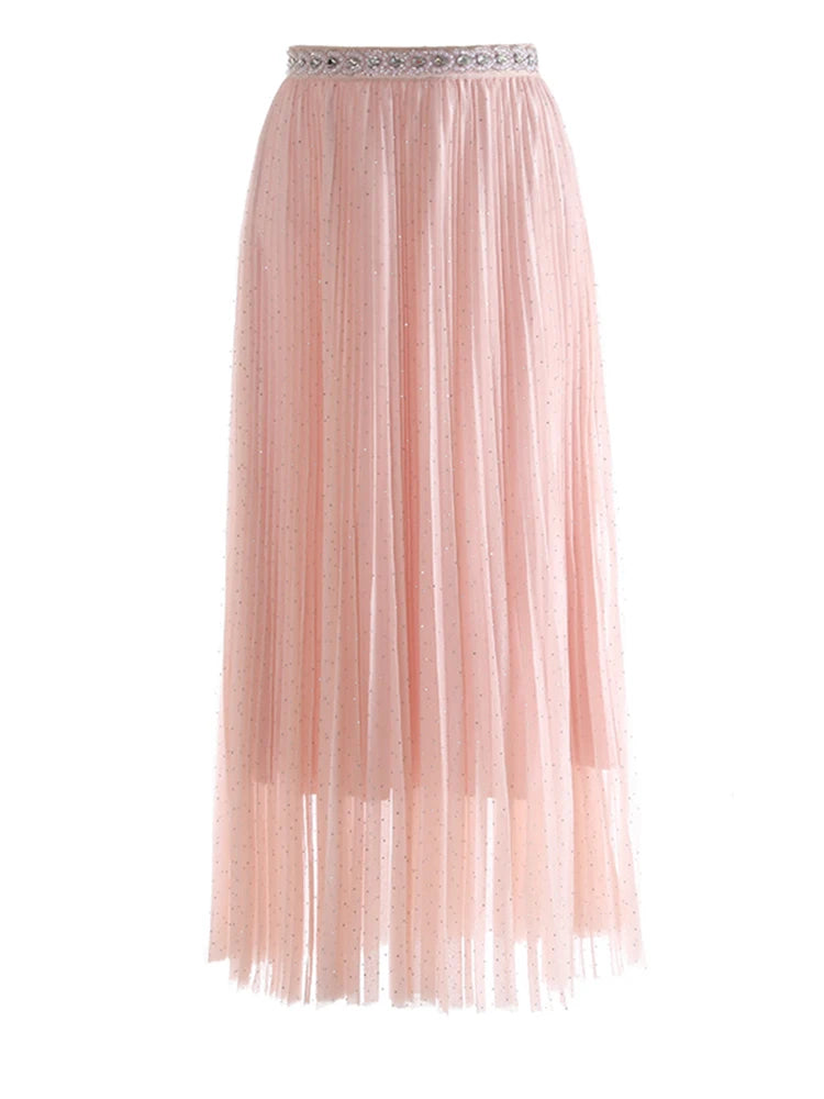 High Elastic Waist Black Pleated Rhinestones Shining Half-body Skirt Women Fashion Tide New Spring Autumn 2025 1DJ1271