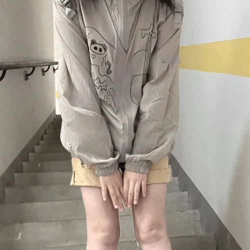 Load image into Gallery viewer, Outdoor Sun Protection Y2k Aesthetic Cartoon Jackets Women Grunge Thin Simple Hooded Coat Streetwear Casual Zipper Femme Tops
