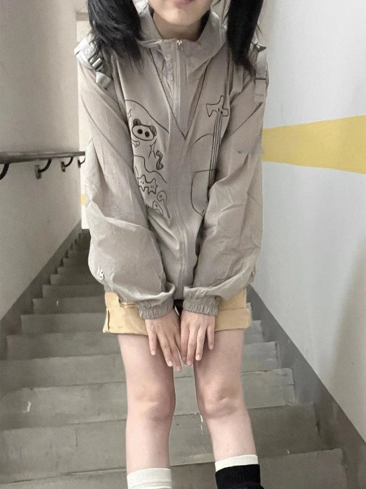 Outdoor Sun Protection Y2k Aesthetic Cartoon Jackets Women Grunge Thin Simple Hooded Coat Streetwear Casual Zipper Femme Tops