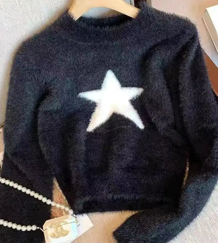 Autumn Winter Black Star Imitation Mink Long Sleeves Knitted Sweater French Fashion Women's Elegant Versatile Pullover Tops Chic