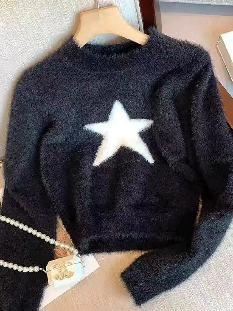 Autumn Winter Black Star Imitation Mink Long Sleeves Knitted Sweater French Fashion Women's Elegant Versatile Pullover Tops Chic