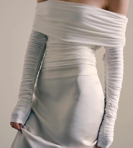 Fashion One Line Neck Long Sleeve Elastic Tight Top Wome Slim Pleated Double Layer T-shirt Top Elegance Female Partywear