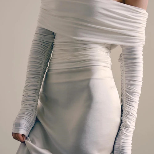 Load image into Gallery viewer, Fashion One Line Neck Long Sleeve Elastic Tight Top Wome Slim Pleated Double Layer T-shirt Top Elegance Female Partywear
