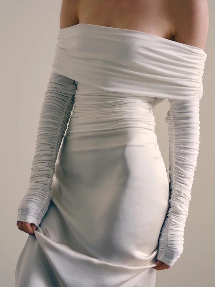 Fashion One Line Neck Long Sleeve Elastic Tight Top Wome Slim Pleated Double Layer T-shirt Top Elegance Female Partywear