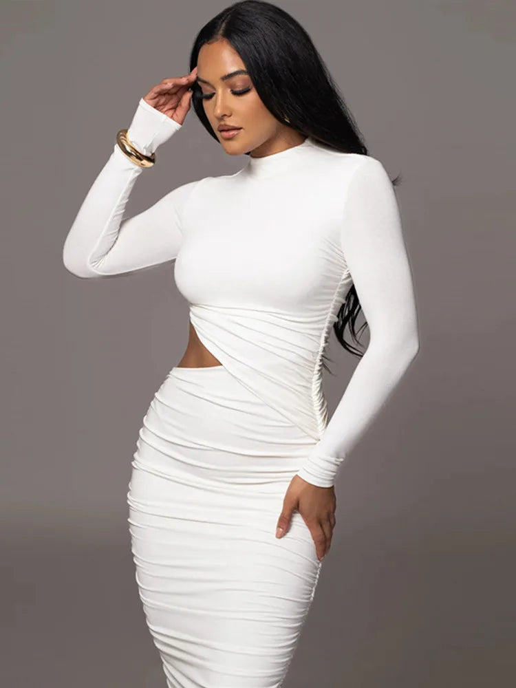 Elegant Women Long Sleeved Sexy Hollow Out Party Evening Dress Pleated Tight Elegant Formal Vestidos Autumn/winter 2025