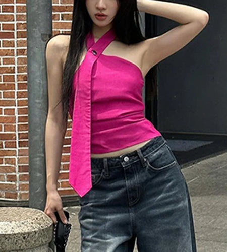 y2k Top Women Vest Summer Clothes Solid Color Sleeveless Backless Ruched Halter T Shirt 2000s Clothing Streetwear