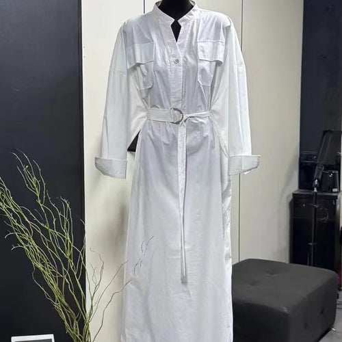 Load image into Gallery viewer, Solid Sheer Spliced Lace Up Casual Dresses for Women V Neck Long Sleeves Patchwork Pockets Fashion Dress Female New
