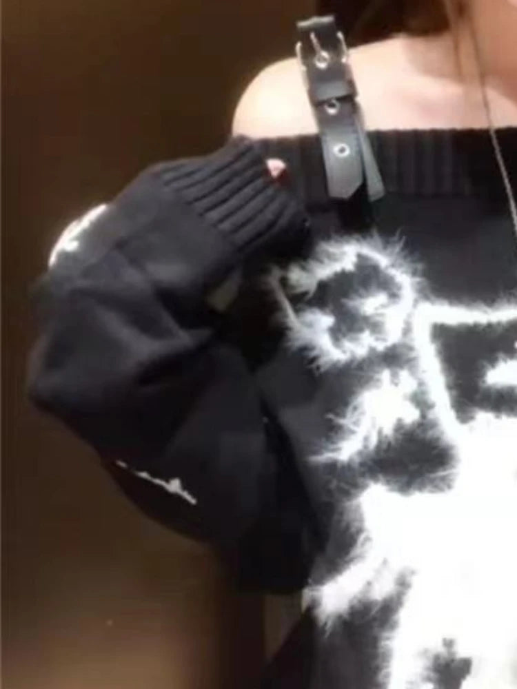 2025 Slash Nerck Grunge Sweater Y2k Aesthetic Cartoon Jacquard Knitted Pullover Streetwear Oversized Harajuku Women Hole Jumpers