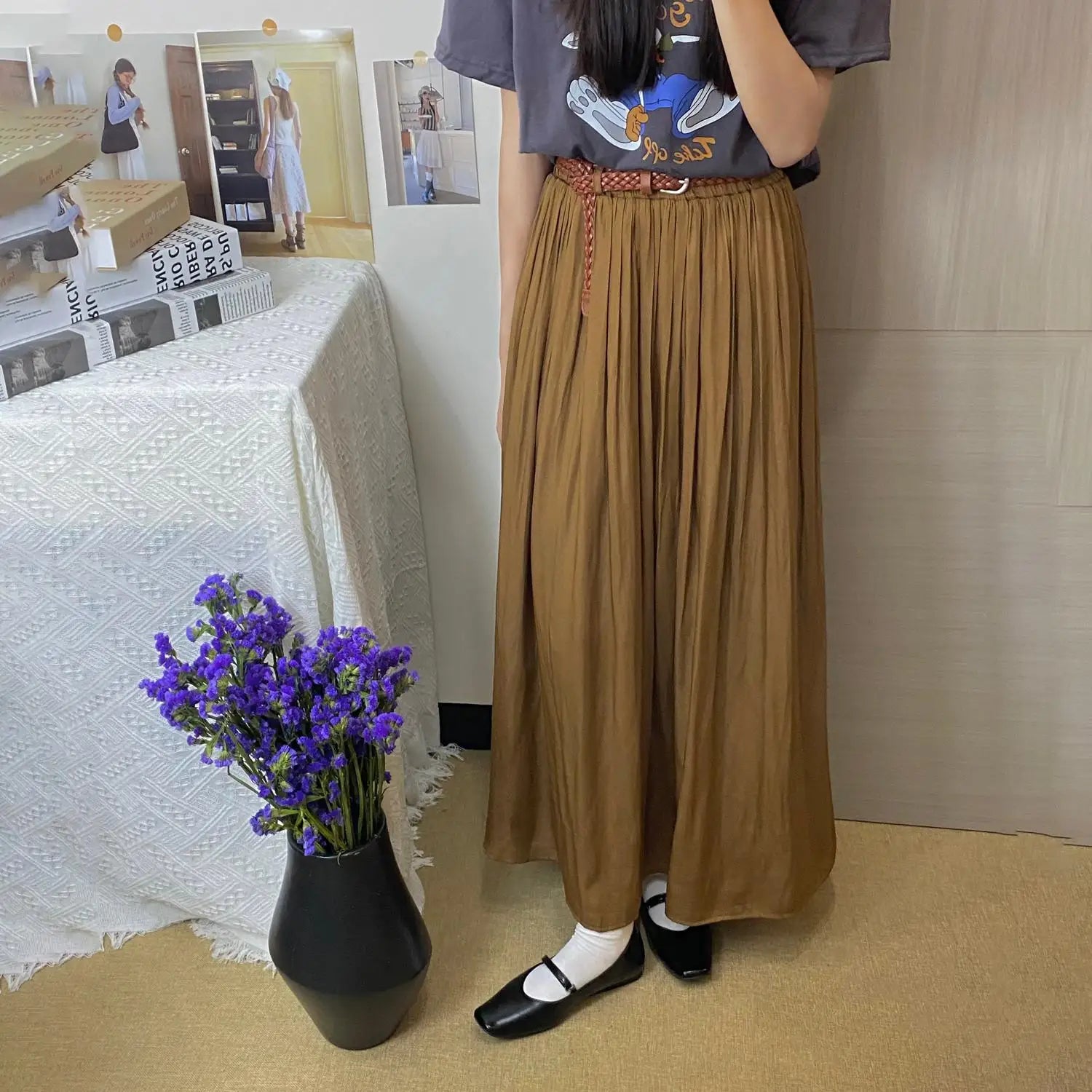 Spring Summer New Solid Elegant Vacation Party Pleated Skirt Women's French Fashion Elastic Waist Office Long Skirt Trend Simple