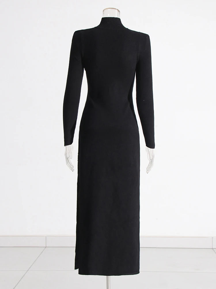 Patchwork Belt Minimalist Dresses For Women Stand Collar Long Sleeve High Waist Temperament Slimming Dress Female Fashion
