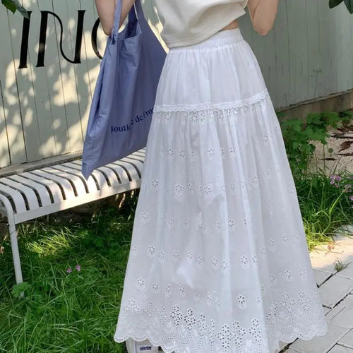 Load image into Gallery viewer, Vintage White Elegant Hollow Out Pleated Long Skirts For Women A-line Elastic High Waist Skirt Spring Summer Ladies Romantic New
