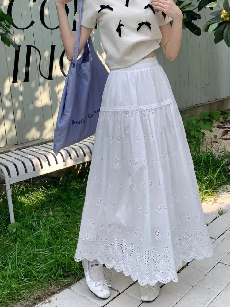 Vintage White Elegant Hollow Out Pleated Long Skirts For Women A-line Elastic High Waist Skirt Spring Summer Ladies Romantic New