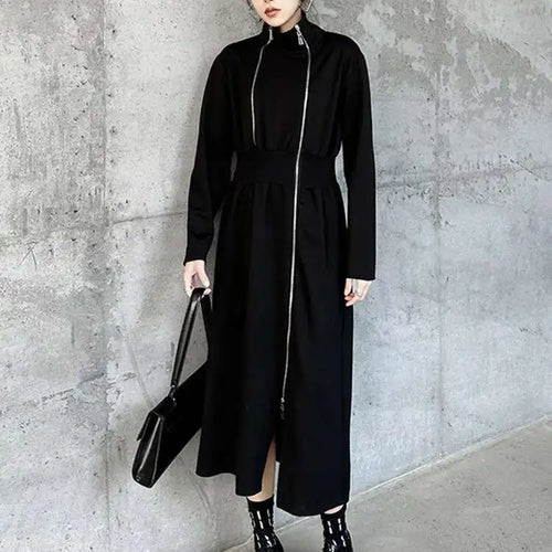 Load image into Gallery viewer, Women Black Zipper Irregular Hem Slit Midi Dress New Turtleneck Long Sleeve Fashion Tide Spring Autumn 2025 1DH9354
