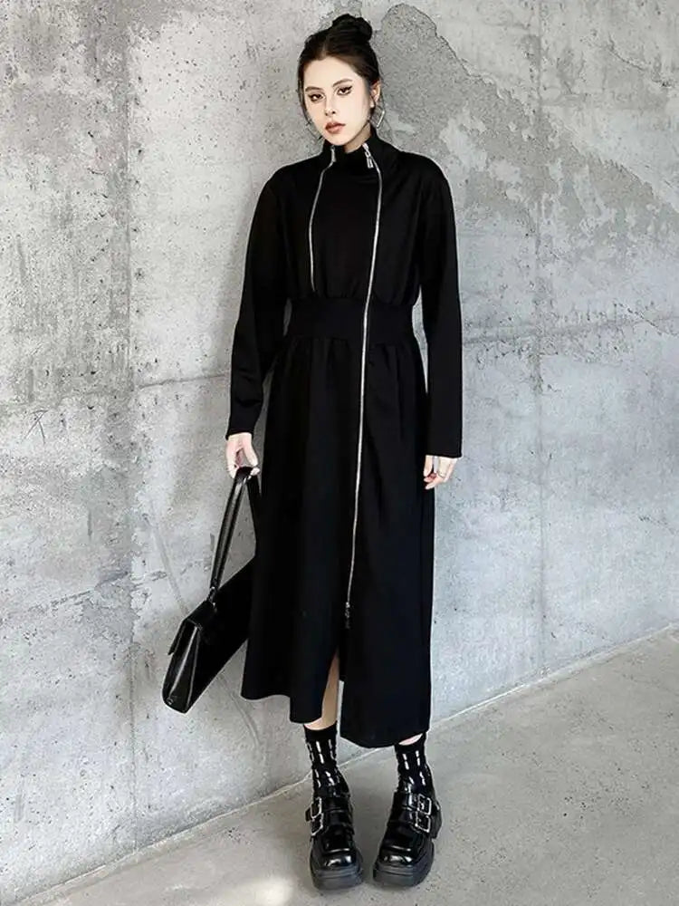 Women Black Zipper Irregular Hem Slit Midi Dress New Turtleneck Long Sleeve Fashion Tide Spring Autumn 2025 1DH9354