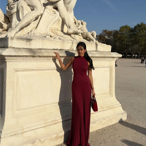 Load image into Gallery viewer, Half High Collar Sleeveless Knit Maxi Dress For Women Fashion Solid Bodycon Sexy Pleated Long Knitted Sweater Dress
