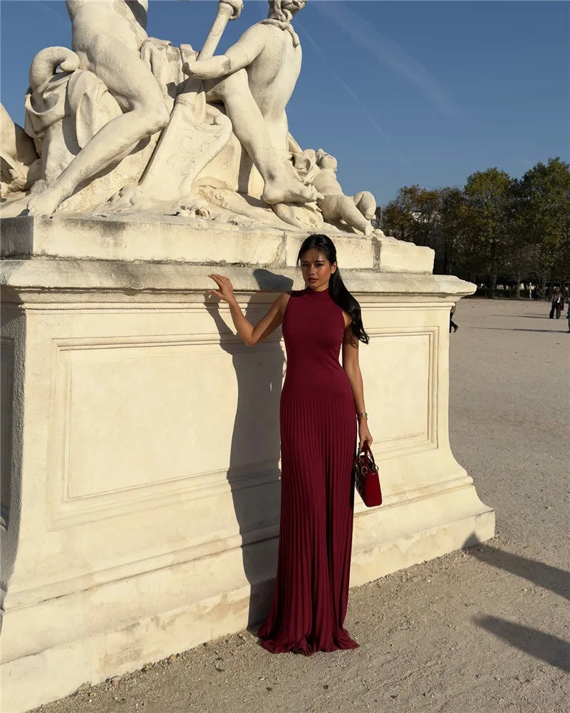 Half High Collar Sleeveless Knit Maxi Dress For Women Fashion Solid Bodycon Sexy Pleated Long Knitted Sweater Dress