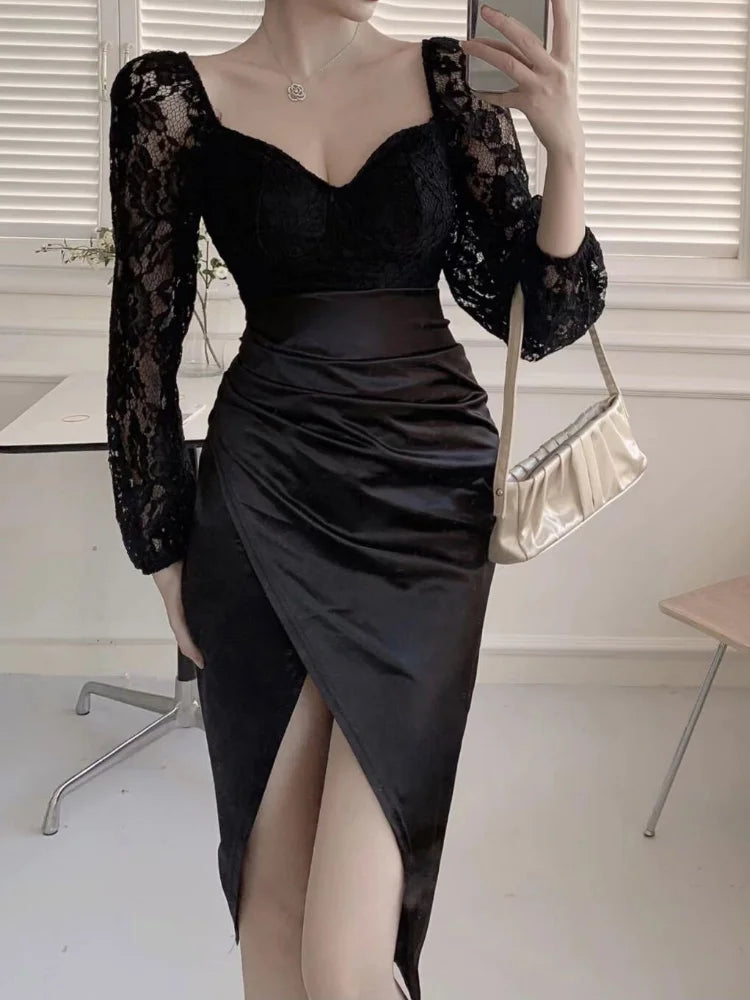Sexy Black Lace Dresses Elegant Formal Prom Evening Party Vintage Retro Bodycon Long Sleeve Split Dress