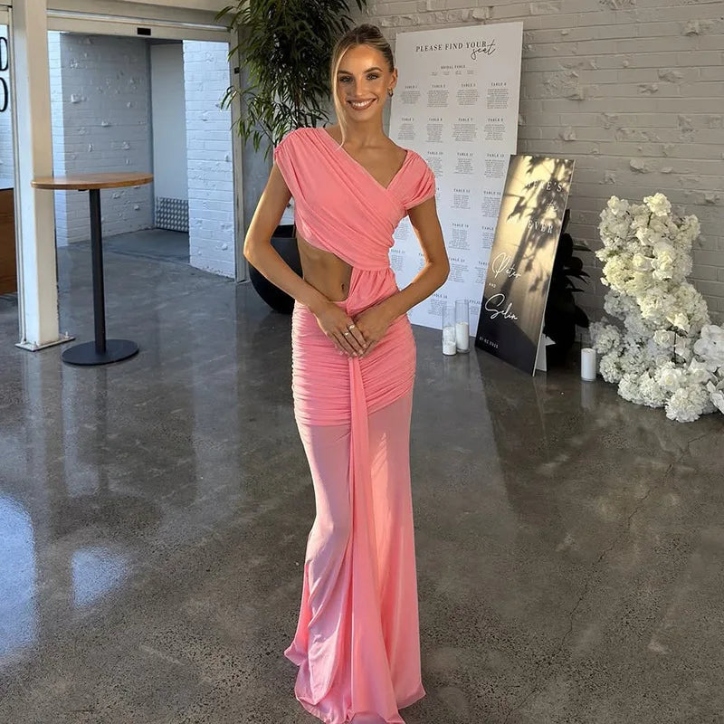 Sexy Sleeveless Hollow Out Pleated Patchwork Maxi Dress For Women High Waist Off-shoulder Slim Club Party Long Dress