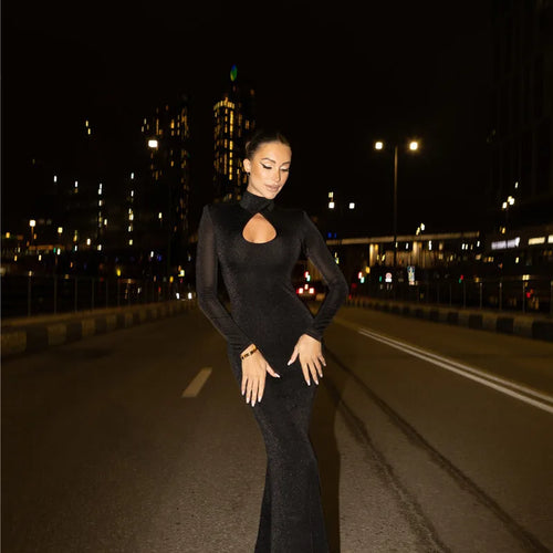 Load image into Gallery viewer, Hollow Out Turtleneck Long Sleeve Sexy Maxi Dress For Women Gown 2025 New Bodycon Evening Club Long Dress Vestido
