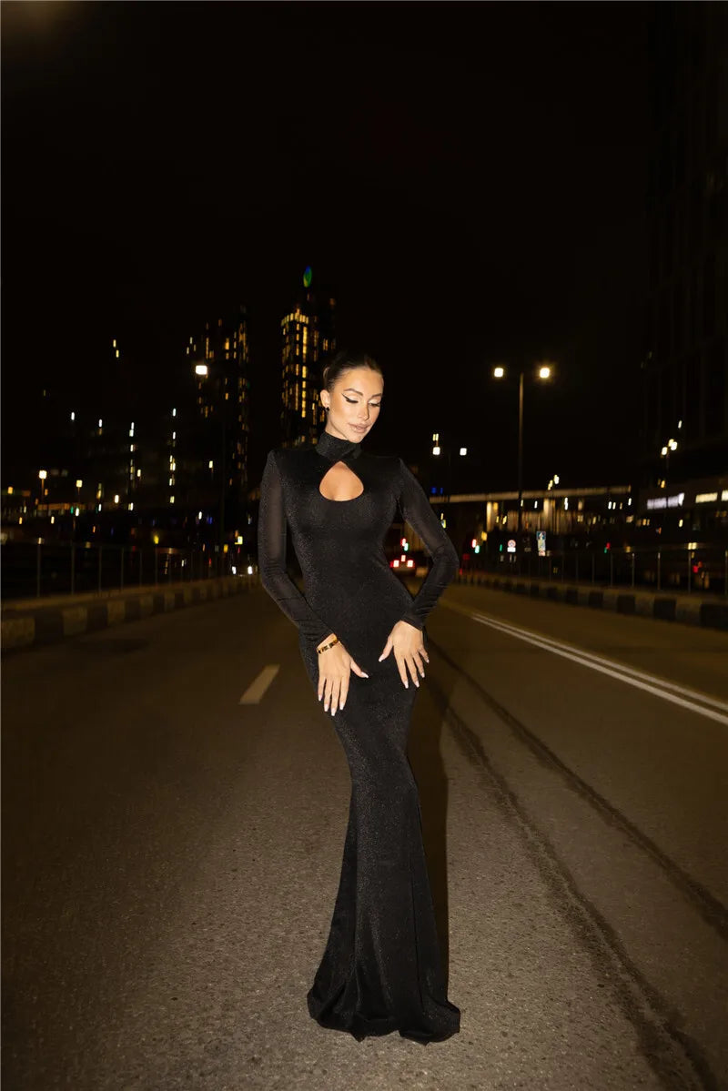 Hollow Out Turtleneck Long Sleeve Sexy Maxi Dress For Women Gown 2025 New Bodycon Evening Club Long Dress Vestido