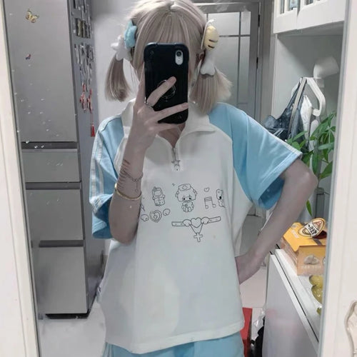 Load image into Gallery viewer, Japanese Preppy Style Cartoon Print T-shirt Summer Contrast Color Patchwork Grunge Tops Harajuku Stand Neck Zipper Loose Tshirts
