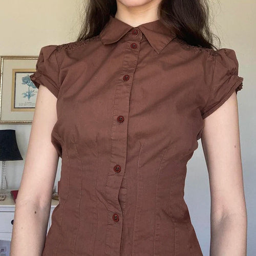 Load image into Gallery viewer, Fashion Chic Brown Summer Shirts Female Folds Slim-Waist Vintage Y2K Top Buttons Pleated Blouse Cropped Clothes 2024
