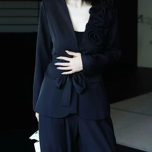 Load image into Gallery viewer, Elegant Two Piece Sets for Women V Neck Long Sleeves Spliced 3D Flower Blazer High Waist Wide Leg Pant Set Female
