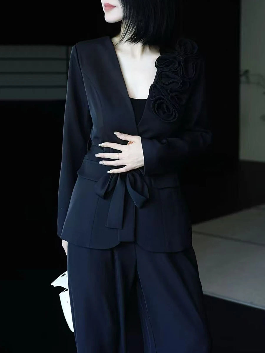 Elegant Two Piece Sets for Women V Neck Long Sleeves Spliced 3D Flower Blazer High Waist Wide Leg Pant Set Female